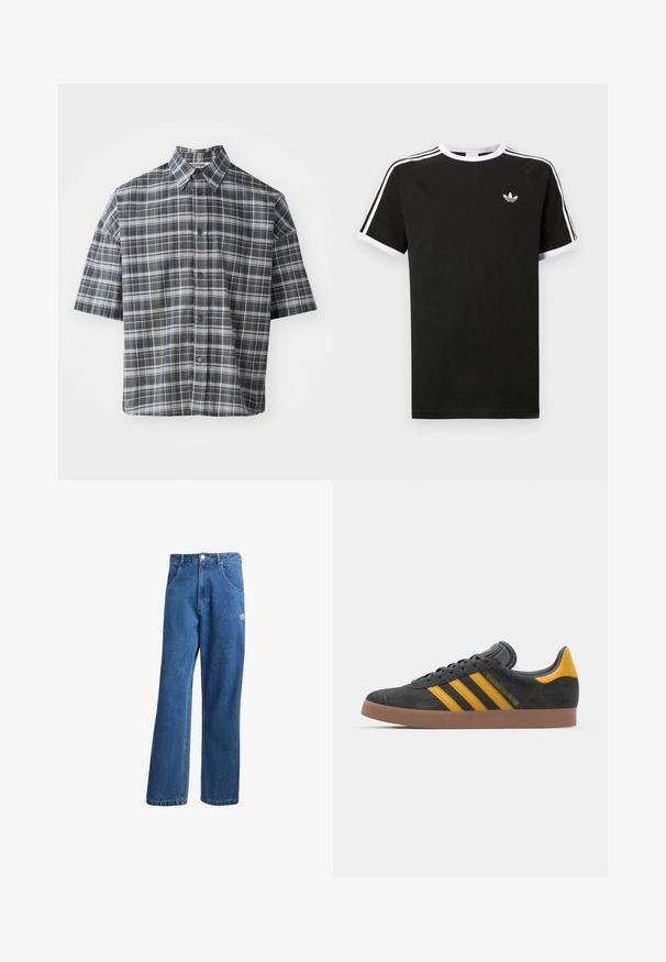 Lyhythihainen napillinen paita musta-harmaassa ruutukuviossa. Ominaisuuksiin kuuluu terävä kaulus ja etunapit mustilla napeilla.; Musta puuvillapaita valkoisilla accenteilla. Siinä on lyhyet hihat, raglan-muotoilu ja pieni logo rinnassa. Olkapäillä kolme valkoista raitaa.; Siniset korkeavyötäröiset leveälahkeiset farkut, joissa on etupussit, vyölenkit, napitus ja pieni Adidas-logo oikeassa reidessä.; Mustat samettiset tennarit, joissa on keltaisia yksityiskohtia, kolmonen raita ja ruskea kumipohja. Sisältää pehmustetun kielisen mukavuutta varten.