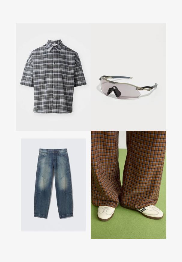 Camisa de manga corta con botón en un patrón de cuadros en negro y gris. Presenta un cuello puntiagudo y cierre frontal con botones negros.; Vaqueros de denim azul desgastado con bolsillos frontales, trabillas para cinturón y costuras decorativas en los muslos y las rodillas, tendidos sobre un fondo blanco.; Pantalones de pata de elefante de cuadros marrones y azules combinados con zapatos blancos con detalles en negro y suelas texturizadas, sobre un fondo verde.; Gafas de sol con un marco gris translúcido, lentes tintados y diseño angular. Cuenta con una pieza nasal distintiva y patillas texturizadas en gris oscuro.