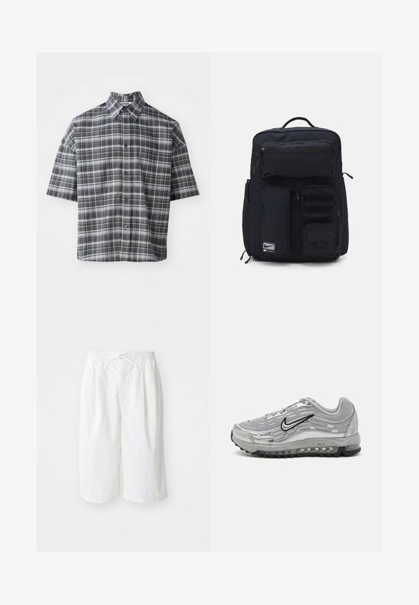 Srajca s kratkimi rokavi z gumbi v črno-sivi karirasti vzorec. Ima koničast ovratnik in sprednje zapiranje z gumbi v črni barvi.; Bele hlače s elastičnim pasom in vrvico, prikazane na enobarvni svetli podlagi. Primerne za sproščeno ali toplo vreme.; Sive Nike Air Max športni copati z mrežastim in sintetičnim zgornjim delom, valovitim dizajnom, črnimi detajli in vidno enoto za zračno blazinjenje.; Črn nahrbtnik iz trpežne tkanine. Ima več žepov na zadrgo, vključno s sprednjim predelkom, ter področja z Velcro zaklopkami za pritrditev.