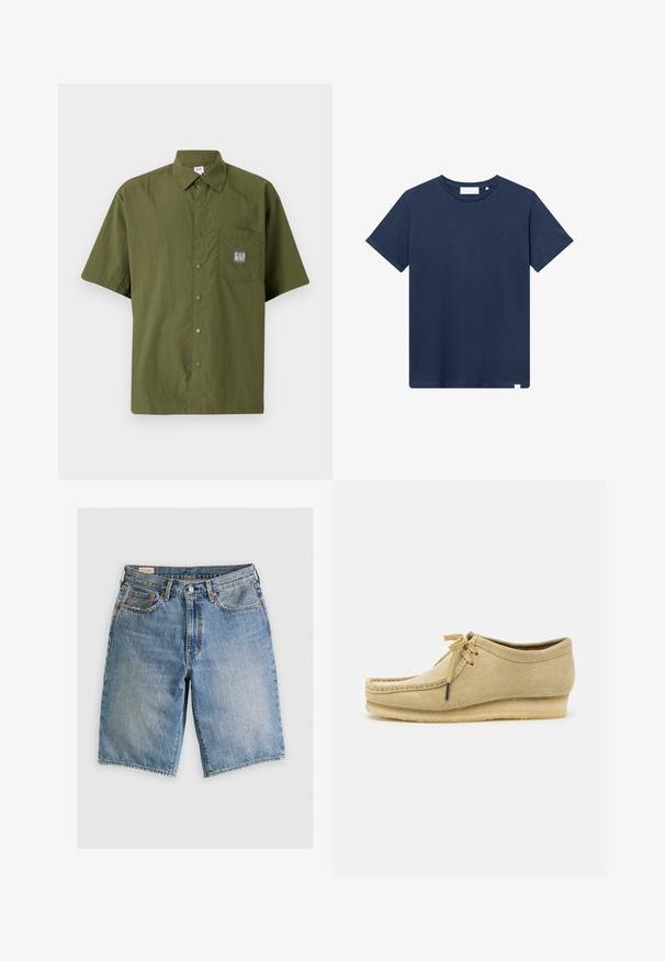 Kurzarmhemd aus olivgrünen Stoff mit einem Button-Down-Kragen, ausgestattet mit einer Brusttasche, die ein graues GAP-Logo-Patch zeigt.; Navyblaue Baumwoll-T-Shirt mit rundem Halsausschnitt, kurzen Ärmeln und einem kleinen gestickten Logo auf der linken Brust. Glatte Textur.; Jeansshorts in Hellblau mit klassischem Schnitt. Verfügt über fünf Taschen, orangene Nähte und ausgefranste Säume.; Beige Wildlederschuh mit Schnürdesign, gestickten Details und Gummisohle. Die Form ist lässig mit einem leichten Keilabsatz.