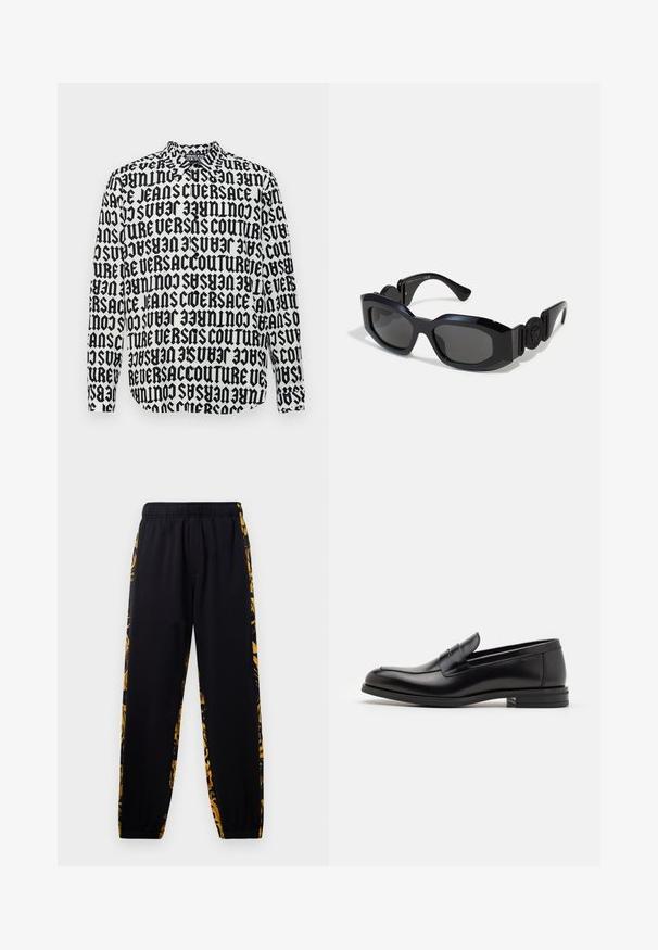 Košile s dlouhým rukávem, která má černobílý grafický design s opakujícím se textem "VERSACE JEANS COUTURE" v tučném písmu. Límec na knoflíky.; Černé joggingové kalhoty s elastickým pasem a manžetami, zdobené zlatými a černými květinovými vzory po stranách.; Černé kožené polobotky s hladkou texturou, zaoblenou špičkou a zdobným páskem přes nárt. Nízký stohovaný podpatek, minimalistický design.; Černé sluneční brýle s širokým, hranatým rámem a tmavě tónovanými skly. Mají texturované černé strany a kulatý logo akcent na spánku.