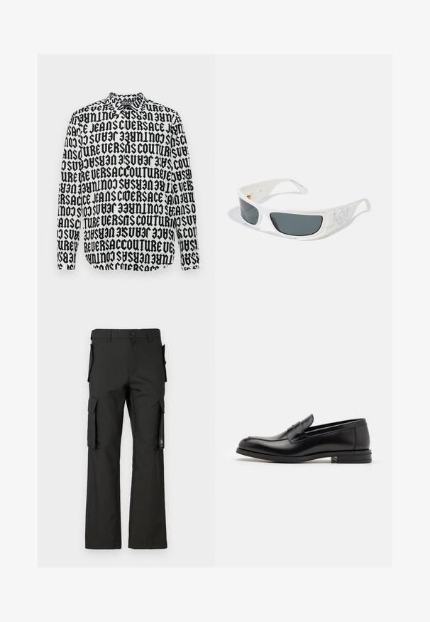 Pikendustega särk, millel on must-valge graafiline disain ja korduv tekst "VERSACE JEANS COUTURE" rasvases fondis. Nööpidega krae.; Mustad mustad püksid sirge lõikega, mitmete küljetaskutega ja nööbiga kinnitusega. Valmistatud vastupidavast kangast, sujuva tekstuuriga.; Mustad mustad nahast loafers sileda tekstuuriga, ümarat ninaosa ja dekoratiivne riba vampi üle. Madal kihiline konts, minimalistlik disain.; Valged päikeseprillid hallide läätsedega, ristkülikukujuline kuju ja tekstureeritud detailid külgedel. Omavad kuldset riistvara.