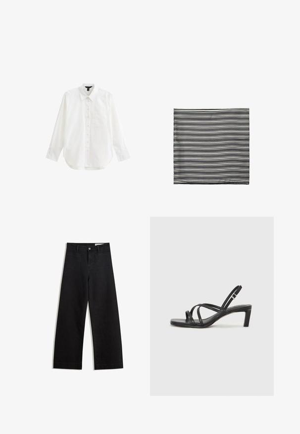 Biała długa koszula z długim rękawem wykonana z bawełny, z zapięciem na guziki z przodu, kołnierzem, jedną kieszenią na piersi i zaokrąglonym dołem. Gładka faktura.; Czarne dżinsowe spodnie o szerokich nogawkach i wysokim stanie, z przednimi i tylnymi kieszeniami, przeszyciami oraz zapięciem na guziki. Gładka struktura.; Czarne sandały na obcasie z prostokątnym noskiem i niskim słupkowym obcasem. Posiadają wiele cienkich pasków i regulowany pasek na kostkę. Wykonane z gładkiej skóry.; Czarnobiała w paski chusta, wykonana z lekkiego materiału. Prostokątny kształt z równymi, naprzemiennymi paskami o różnych szerokościach. Miękka tekstura.; Dżinsowa torba na ramię o zaokrąglonym kształcie, w jasnoniebieskim kolorze, z regulowanym paskiem na ramię oraz małą odpinaną kieszonką z metalowymi akcentami.
