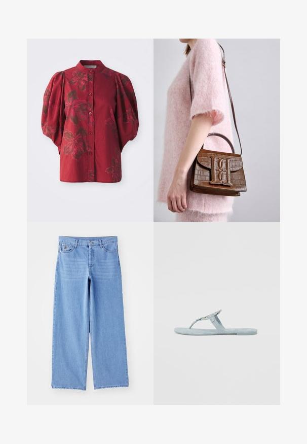 Bordo pluus ümarate krae, nupuvarrukate ja puff-särgiga. Iseloomustab tumedamates toonides lilleline muster ja pehme puuvilla tekstuur.; Heledad sinine laiad teksapüksid, valmistatud denimist, klassikalise viie tasku kujundusega ja nupplukuga. Sile tekstuur, hõrenenud serv.; Hele sinine plätud, mis on valmistatud tekstuuritud materjalist. Omab lihtsat disaini varvastoe ja lame tallaga. Ilma täiendavate aktsentide või mustriteta.; Pruun krokodillimustriga käekott koos ülemise käepideme ja õlavöödiga. Esiküljel on väljapaistev logo. Pehme tekstuur.