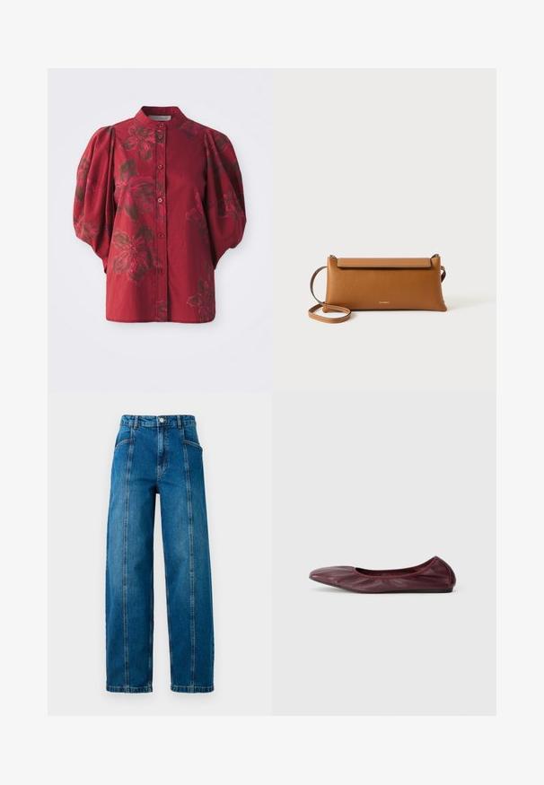 Blouse bordeaux avec un col rond, un devant boutonné et des manches bouffantes. Présente un motif floral dans des teintes plus foncées et une texture en coton doux.; Jean en denim bleu taille haute avec jambes larges, coutures verticales avant, poches latérales, passants de ceinture et fermeture à bouton.; Ballerines en cuir bordeaux profond, avec un bout arrondi, un bord élastiqué et une texture lisse agrémentée de subtils plis.; Sac à main en cuir brun, de forme rectangulaire, surface texturée, bandoulière amovible, fermeture éclair, logo subtil estampé à l'avant.