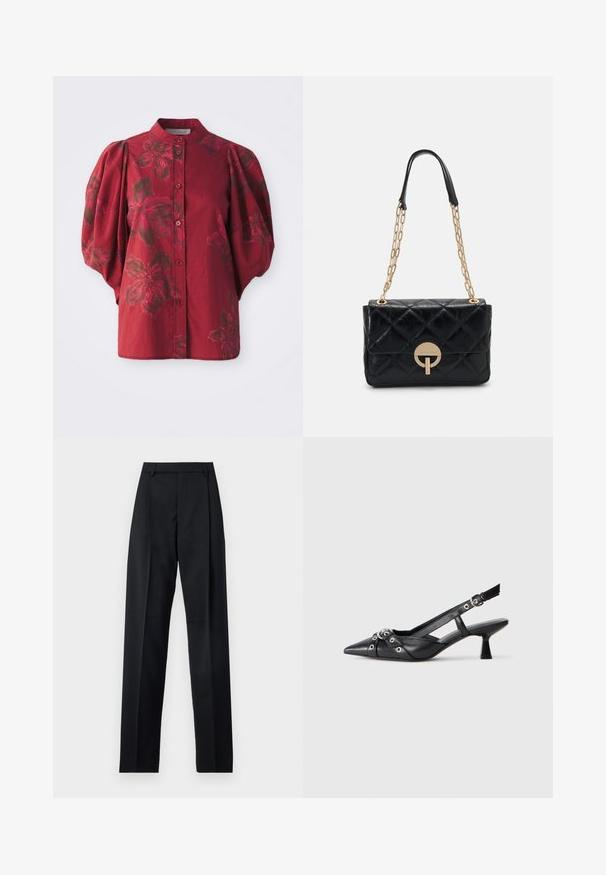 Burgundy blouse with a rounded collar, button front, and puff sleeves. Features a floral pattern in darker hues and soft cotton texture.; Black trousers made from smooth fabric featuring a high waist, wide legs, front pleats, and classic belt loops. No side pockets visible.; Black leather slingback shoe with a pointed toe, decorative straps featuring metal eyelets, and a low block heel. Textured surface.; Black quilted leather handbag with a gold chain strap, featuring a circular clasp detail. Compact rectangular shape with a smooth texture.