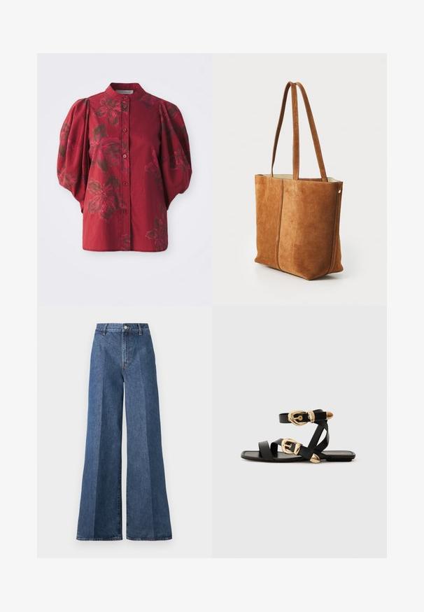 Burgundy blouse with a rounded collar, button front, and puff sleeves. Features a floral pattern in darker hues and soft cotton texture.; Wide-leg blue denim jeans with a high waist, featuring classic five-pocket styling and a button closure, made from textured cotton fabric.; Black leather sandals with gold buckle accents, featuring multiple straps and a flat sole design for open-toe wear.; Brown suede tote bag with two long handles, a smooth texture, and stitched detailing, featuring a simple, structured design.