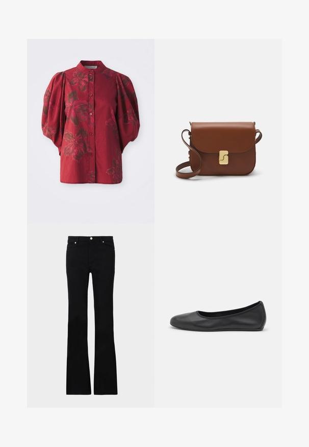 Bordeaux blouse met een ronde kraag, knoopsluiting aan de voorkant en pofmouwen. Heeft een bloemenpatroon in donkere tinten en een zachte katoenen textuur.; Zwarte flared jeans van denim, met twee voorzakken, een knoopsluiting en een gladde textuur. Kenmerkende stiksels zichtbaar bij de naden.; Zwarte leren ballerina met een ronde neus, gladde textuur, minimale stikdetails en een flexibele zoolontwerp.; Bruine leren handtas met een klep sluiting, gouden hardware, een schouderband en een gladde textuur. Compact rechthoekige vorm.