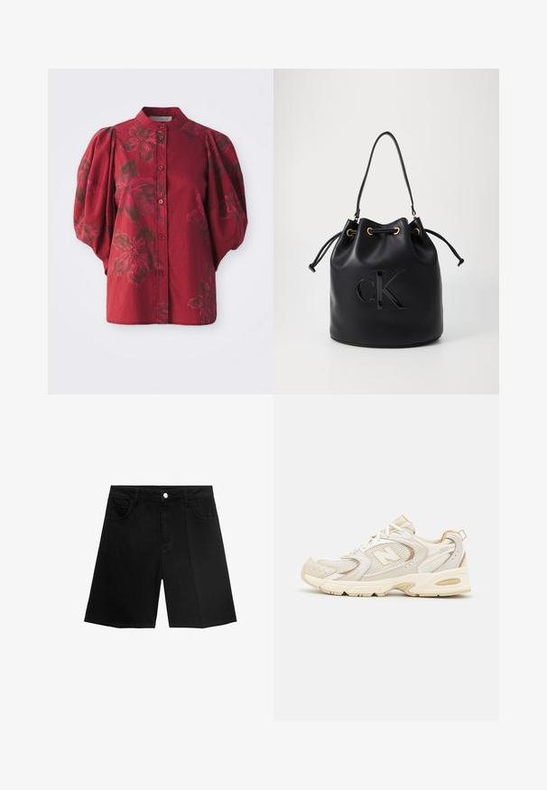 Bordo bluzica s okruglim ovratnikom, gumbima sprijeda i napučenim rukavima. Ima cvjetni uzorak u tamnijim nijansama i mekanu pamučnu teksturu.; Crni traper šortsevi s ravnim krojem, pet džepova i zatvaranjem na srebrni gumb. Glatka tekstura s minimalnim detaljima šavova.; Bež sportske cipele s mrežastim i sintetičkim prekrivačima, sa teksturiranom površinom, ojačanim okovratnikom i "ABZORB" jastučićem na peti.; Crna kožna torba u obliku kante s zatvaranjem na vezicu, koja na prednjoj strani ima sjajni "CK" logo i zlatne metalne detalje.