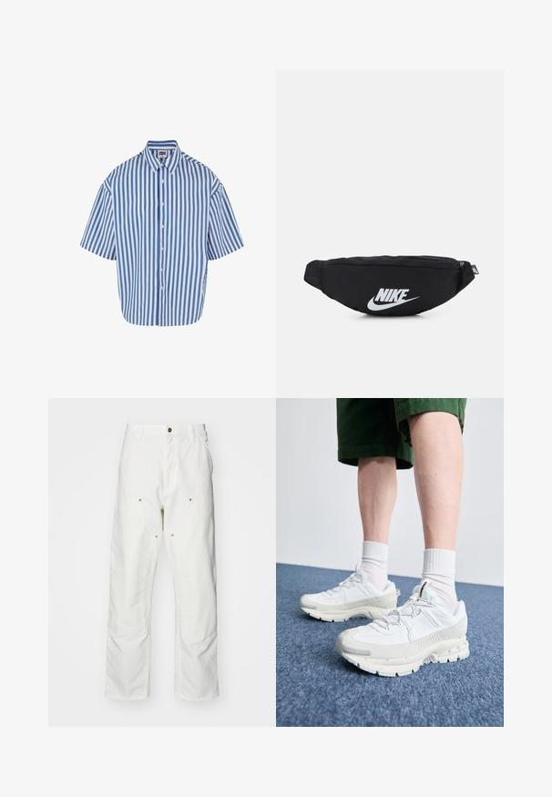Korte mouwen overhemd met knopen, voorzien van blauwe en witte verticale strepen, een klassieke kraag en een ontspannen pasvorm met een rechte zoom.; Witte katoenen cargobroeken met een relaxte pasvorm. Kenmerken zijn onder andere voorzakken, gouden hardware accenten en versterkte kniezones.; Witte sportieve schoenen met textuuroverlays, een dikke zool en grijze accenten. Draag ze met witte crew-sokken en groene shorts op een blauwe ondergrond.; Zwarte nylon heuptas met een ritsluiting, voorzien van een groot wit Nike-logo. Soepele textuur en ergonomisch ontwerp voor comfortabel dragen.