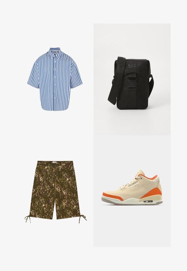 Koszula z krótkim rękawem z niebieskimi i białymi pionowymi paskami, klasycznym kołnierzykiem i luźnym krojem z prostym dołem.; Szorty w kamuflażowy wzór w odcieniach zieleni i brązu, wykonane z lekkiego materiału, z bocznymi kieszeniami i regulowanymi wiązaniami na końcu.; Beżowe sneakersy z pomarańczowymi akcentami, płócienne wierzchnie, teksturowane detale na pięcie oraz widoczna jednostka powietrzna w podeszwie.; Czarna nylonowa torba na ramię z przednią klapą, regulowanym paskiem i plastikowym zapięciem. Posiada teksturowane oznaczenie na pasku i korpusie.