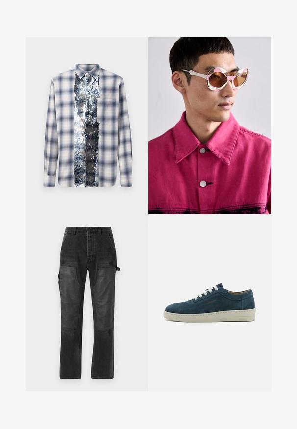 Zilā un baltā kvadrāta rakstā mitro piedurkņu krekls ar centrālo vertikālo paneli, kas rotāts ar spīdīgiem sudraba sekliņiem no apkakles līdz apakšmalai.; Melna džinsu bikses ar kontrastējošiem melniem ādas paneļiem, taisna kāju dizains un smalki nolietotas detaļas audumā.; Zilas zamšādas apavi ar noapaļotu purngalu, baltiem šņorēm un gumijas zoli. Iekļauj diskrētu šuvumu un zīmola akcentu sānos.; Baltas un rozā pārspīlētas saulesbrilles ar izliekto rāmīti, kurām ir brūnas tonētas lēcas. Modelis valkā rozā džinsu jaku ar apkakli.