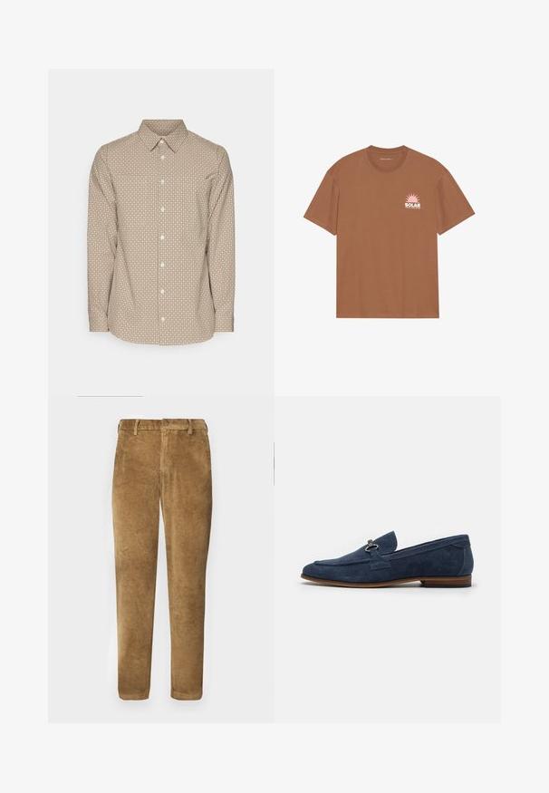 Brūns krekls ar pogām, ar nelielu balto ģeometrisko rakstu, garām piedurknēm un asu apkakli. Tam ir izliekts apakšmalas dizains un standarta pogu aizdare.; Brūna īsām piedurknēm T-krekls, kas izgatavots no kokvilnas, ar rozā saules grafiku un tekstu "SOLAR" uz kreisā krūšu daļas. Ar apaļu kakla izgriezumu.; Brūni korduroja bikses ar vertikālu ribotu tekstūru, taisnā piegriezumā, ar pogu aizdari un jostas cilpām. Gluda auduma ar mīkstu apdari.; Jūras zaļš zamšs loafer ar noapaļotu purngalu, mazu dekoratīvu akcentu un kontrastējošu brūnu zoli. Gluda tekstūra ar smalkām šuvju detaļām.