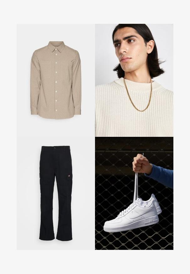 Bruine geknoopte shirt met een klein wit geometrisch patroon, lange mouwen en een puntige kraag. Heeft een gebogen zoom en een standaard knoopsluiting.; Zwarte lange mouwen shirt gemaakt van katoen, met het "032c" logo op de borst en de tekst "WORKSHOP" in vet wit langs de linkermouw.; Zwarte cargobroek met een rechte pijpdesign, gemaakt van duurzaam materiaal, voorzien van zijzakken en een patchlogo aan de linkerkant.; Witte leren sneakers met perforaties, ronde neus, vlakke zool en dikke veters, met een zichtbare swoosh-logo en "AIR" op de hiel.; Gouden kettinghalsketting gedragen boven een crème geribbelde gebreide trui; zachte textuur met een hoge kraag en een subtiel patroon in de stof.