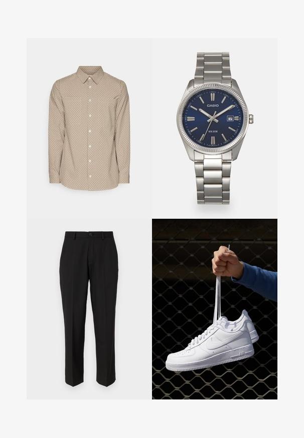Brown button-up shirt with a small white geometric pattern, long sleeves, and a pointed collar. Features a curved hem and standard button closure.; Black trousers made of smooth fabric, featuring a straight leg design, front pockets, a single button closure, and no visible patterns.; White leather sneakers with perforations, round toe, flat sole, and thick laces, featuring a visible swoosh logo and "AIR" on the heel.; Silver stainless steel wristwatch with a navy blue dial, metallic hour markers, and a date window at 3 o'clock. Water-resistant to 50 meters.