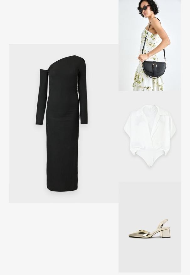 Body branco com mangas curtas e largas, decote com colarinho e parte inferior ajustada. Material liso e brilhante com design minimalista.; Vestido preto, ajustado ao corpo, de mangas longas com decote assimétrico e detalhe plissado lateral, feito de tecido canelado.; Sapatos de salto alto metálicos dourados, com biqueira em ponta e salto grosso. Textura suave, design minimalista e uma tira estreita.; Bolsa de couro preta com forma curva, alça destacável e detalhes em dourado. A bolsa possui uma aba com detalhe de fivela.