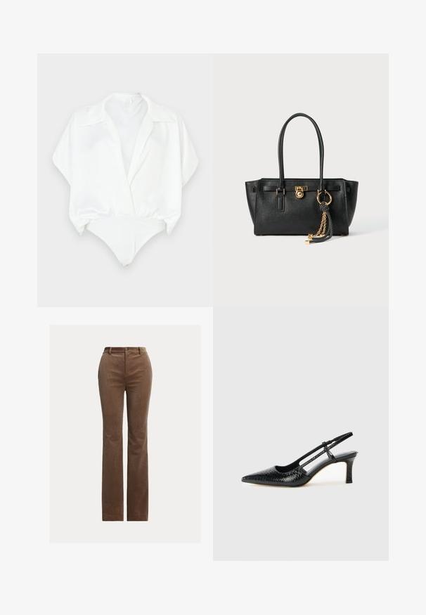 Fehér body rövid, bő ujjal, galléros nyakkivágással és testhezálló alsó résszel. Simább, fényes anyag, minimalista dizájn.; Barna kordbársony nadrág egyenes szabással, övlyukakkal, elülső zsebekkel és finom függőleges bordázottsággal a textúráért.; Fekete lakk slingback sarok, hegyes orral, texturált kígyómintával, állítható pánttal és rövid, texturált tömbsarkal.; Fekete bőr kézitáska dupla fogantyúkkal, aranyzárral és lánc részletekkel, fekete-fehér bojt kiegészítővel, fehér háttéren.