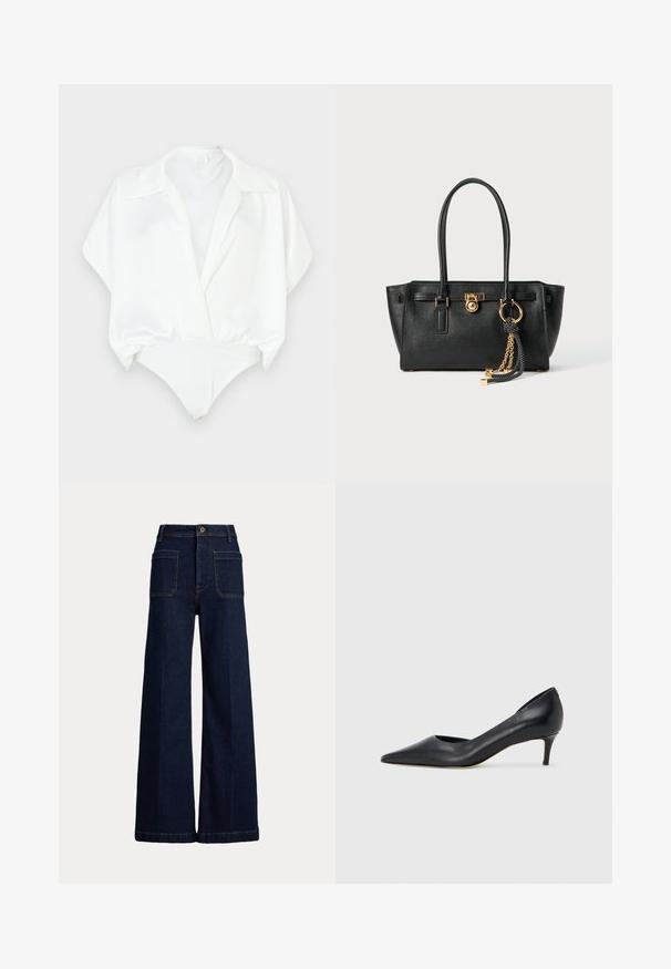 White bodysuit with short, wide sleeves, a collared neckline, and a fitted bottom. Smooth, shiny material with a minimalistic design.; Wide-leg dark blue denim jeans with a high waist, five-pocket design, and contrasting stitching. Features a button closure and a structured shape.; Black leather pump with a pointed toe and low heel. Features a smooth texture and subtle sheen. Open cut at the front for added detail.; Black leather handbag with double handles, gold lock and chain detail, and black-and-white tassel accessory against white background.