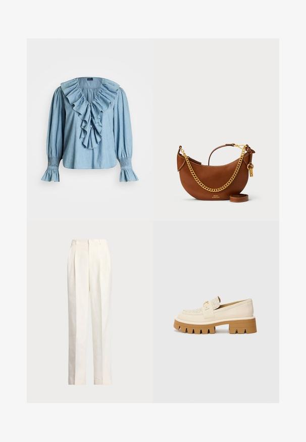 Gaiši zils džinsa blūze ar lielu volānu apkakli, pogu detaļām priekšpusē un elastīgiem manšetes ar platām piedurknēm.; Polo Ralph Lauren HEMP WIDE LEG PANT - Auduma bikses - nevis; Beige loafers ar strukturētu krēmkrāsas siksnu, ar masīvu brūnu zoli ar zobainiem rakstiem. Zelta akcents uz sprādzes detaļu.; Brūns ādas rokassomu ar izliekta dizaina, zelta ķēdes siksnu, iekšējo kabatu un noņemamu plecu siksnu. Ievērojama kontrastējoša šuvuma detaļa.