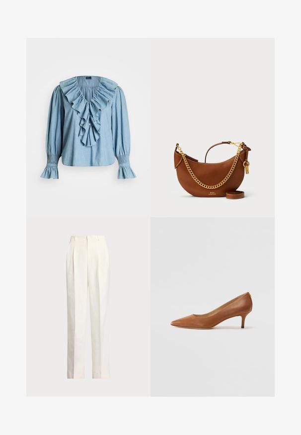 Blusa de denim azul claro com um grande colar rufado, detalhe de botões na frente e punhos elásticos com mangas largas.; Polo Ralph Lauren HEMP WIDE LEG PANT - Calças - nevis; Lauren Ralph Lauren ADRIENNE - Saltos clássicos - deep saddle tan; Bolsa de mão de couro castanho com um design curvado, alça de corrente dourada, bolso interior e uma alça de ombro destacável. Apresenta costura em contraste.