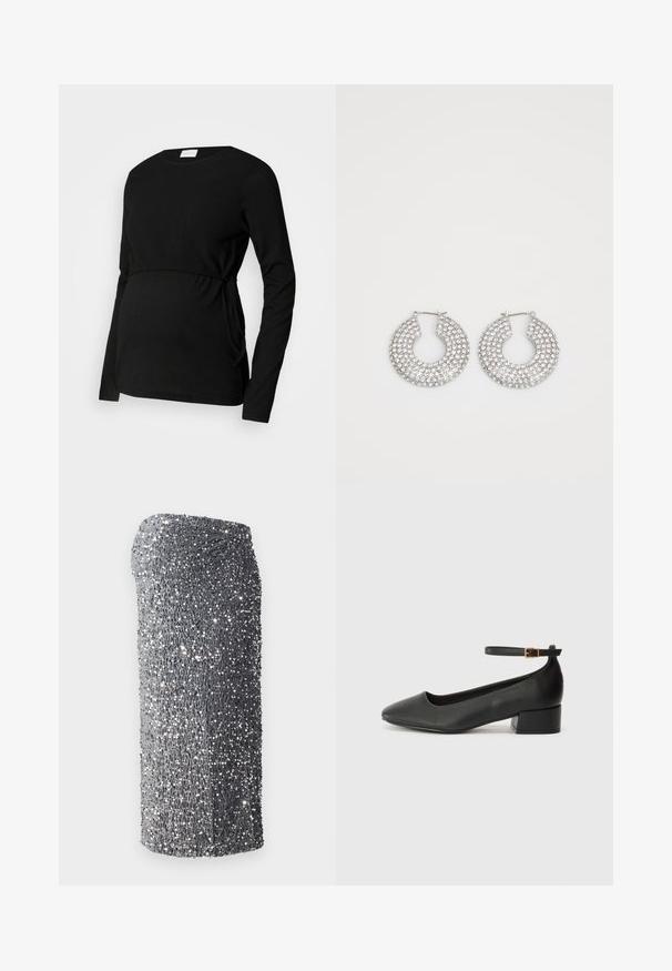 Top premaman nero a maniche lunghe realizzato in un tessuto testurizzato. Presenta una vita arricciata e lacci laterali per una vestibilità regolabile.; Abito argentato con paillettes, dalla forma aderente, texture liscia e un motivo a gradiente che va dal grigio scuro al grigio chiaro, corto all'orlo.; Pump in pelle nera con punta affusolata e tacco basso a blocco. Presenta una cinghia alla caviglia con una fibbia in tonalità oro. Texture liscia.; Orecchini a cerchio in argento decorati con numerosi abbellimenti in cristallo trasparente, con una superficie testurizzata e un design circolare aperto.