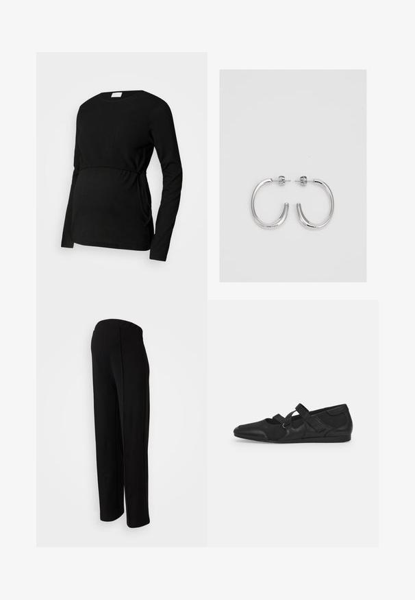 Top de maternitate negru, cu mâneci lungi, realizat dintr-un material texturat. Dispune de o talie strânsă și de legături pe laterale pentru un fit ajustabil.; Pantaloni negri, cu talie înaltă și croi drept, având o textură netedă și fără închideri vizibile, evidențiați de detalii la cusăturile laterale.; Pantofi negri fara toc, cu un material superior moale și texturat, avand doua bretele reglabile și un design cu vârf rotund, montati pe o talpă plată din cauciuc.; Cercei rotunzi din argint cu un finisaj neted și strălucitor. Design ușor, având o formă rotundă și închidere cu tijă.