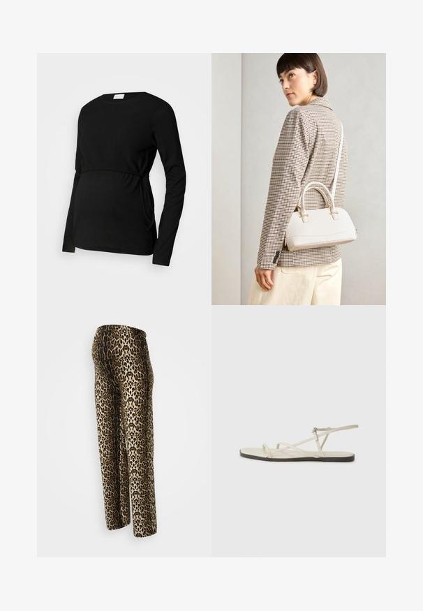 Crna majica s dugim rukavima za trudnice, izrađena od teksturirane tkanine. Ima smanjeni struk i bočne vezice za prilagodljiv fit.; Hlače s uzorkom leoparda, s glatkom teksturom, elastičnim pojasom i opuštenim krojem. Boje uključuju bež, smeđu i crnu.; Bež sandala na ravnom potplatu s više tankih trakica i podesivom kopčom. Potplat je ravan s blagim tamnim kontrastom na rubu.; Bijela strukturna torba s kratkim ručkama i remenom za rame, s zlatnim metalnim detaljima i teksturiranim materijalom, prikazana na sivoj pozadini.; Set od šest zlatnih prstenova s različitim dizajnima: pleteni, listnati motivi i čvrste trake; neki s akcentima od zelenih dragulja.