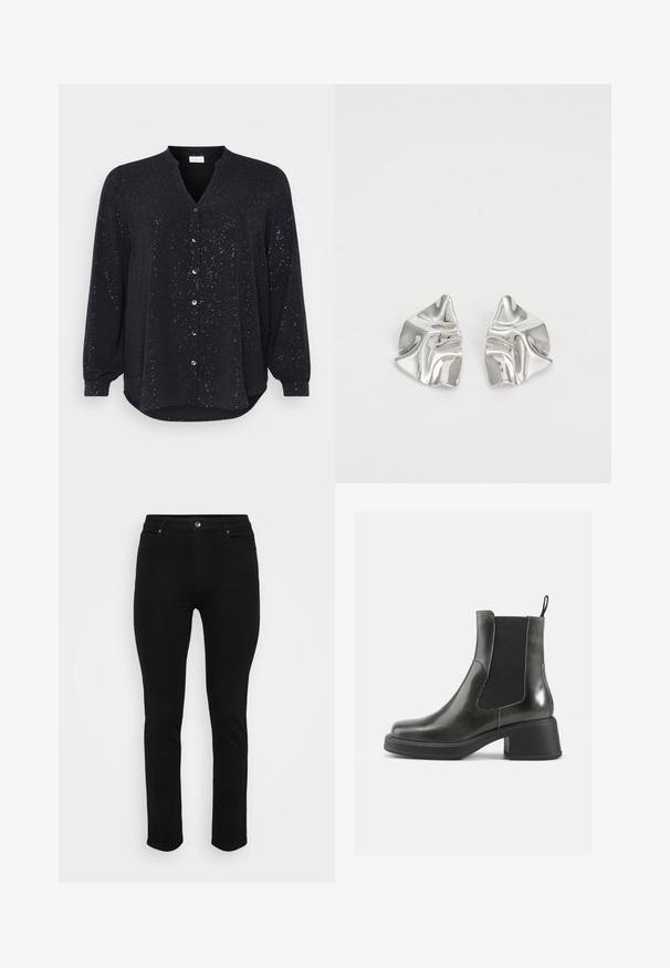 Črna dolgi rokavi srajca z V-izrezom, okrašena s srebrnimi pikami, z zapenjanjem spredaj na gumbe in ukrivljenim robom, izdelana iz mehkega materiala.; Črne kavbojke iz denima s oprijetim krojem, petimi žepi, sprednjo zaponko in rahlo raztegljivim materialom za udobje. Ravna, gladka tekstura z minimalnimi detajli.; Črne usnjene gležnjarje z gladko površino, elastičnimi stranskimi paneli in masivnim petami. Imajo praktično zanko za lažje obuvanje.; Srebrni kovinski uhani z valovitim, skulpturalnim dizajnom, ki se ponašajo s poliranim zaključkom in nerednimi oblikami, kar poudarja sodobno estetiko.