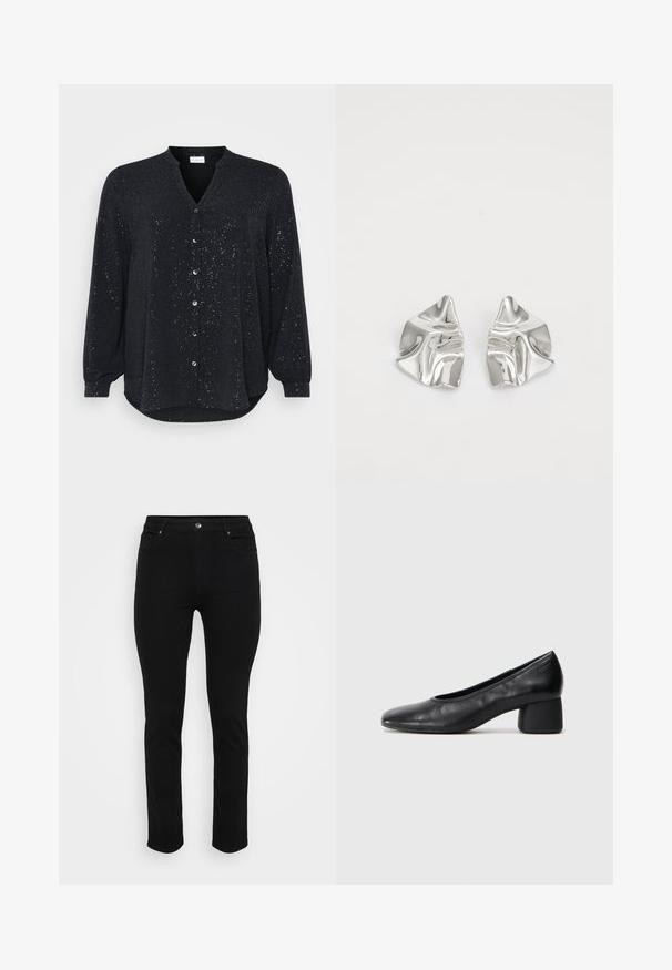 Fekete, hosszú ujjú, V nyakú póló ezüst pöttyökkel, gombos elülső záródással és ívelt alsó résszel, puha anyagból készült.; Fekete farmernadrág, slim fit szabásban, öt zsebbel, elöl gombos zárással és enyhe rugalmassággal a kényelem érdekében. Simaság, lapos textúra minimális részletezéssel.; Fekete bőr magassarkú cipő, lekerekített orral és közepes blokk sarkú. Simább textúrájú, minimális díszítéssel, finom elasztikus nyílással.; Ezüst fém fülbevalók hullámos, szobrászati kialakítással, fényes felülettel és szabálytalan formákkal, amelyek a kortárs esztétikát hangsúlyozzák.