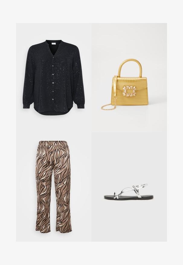Svart langermet skjorte med V-hals, prydet med sølvflekker, knappelukking foran og buet kant, laget av myk stoff.; Brune og kremfargede bukser med zebra-mønster, med strikk i livet, som har en vide benmodell og glatt tekstur.; Sølvfargede metall sandaler med et minimalistisk design, som har tynne stropper og en sort flat såle. Fremhevingene inkluderer kryssremmer.; Gul faux-krokodille veske med en strukturert design, toppen håndtak, avtagbar kjede stropp, og dekorativ krystallbortsettelse på låsen.