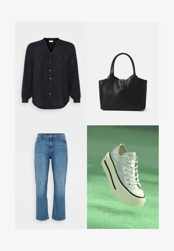 Black long-sleeve shirt with a V-neck, featuring silver speckles, a button front closure, and a curved hem, made from soft fabric.; Light blue denim jeans with a straight leg design, featuring five pockets, belt loops, and subtle fading on the front.; Metallic silver sneaker with a platform sole, white laces, and black accents. Features a rounded toe and textured rubber outsole.; Black leather tote bag with smooth texture, structured shape, two handles, and a prominent silver buckle detail on the front.