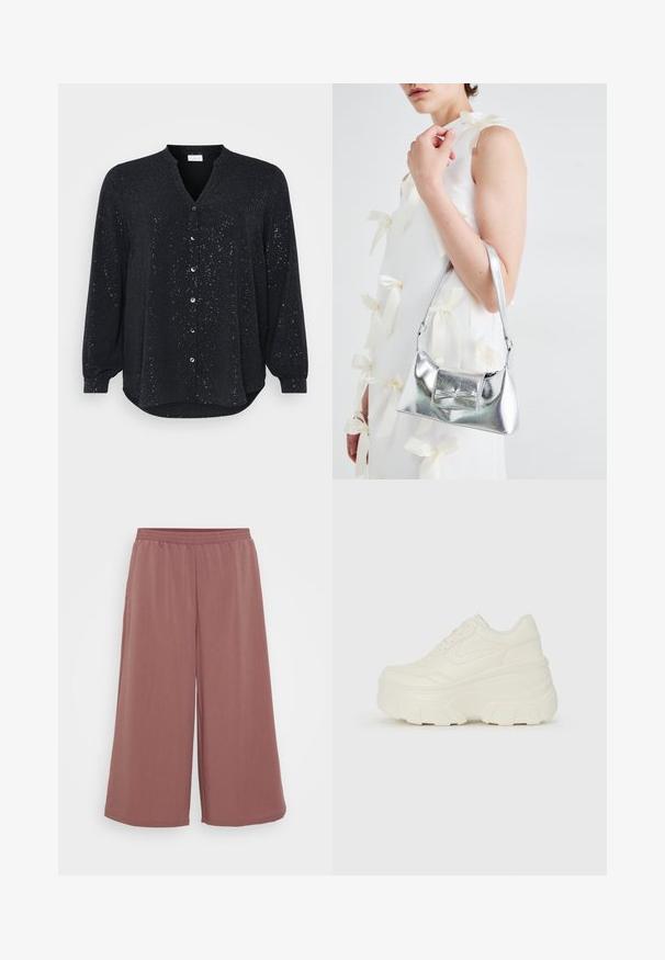 Svart langermet skjorte med V-hals, prydet med sølvflekker, knappelukking foran og buet kant, laget av myk stoff.; Videbukser i et blødt, struktureret stof med elastisk linning. Farven er en dæmpet rosafarve, som fremhæver den lette silhuet.; Hvite plattformsnickers med en glatt læraktig overdel, avrundet form, polstret krage og teksturert gummisåle med tydelige dekk.; Sølvmetallisk håndveske med en strukturert form, med en topphåndtak og sløyfedetalj foran. Glatt tekstur, reflekterende overflate.