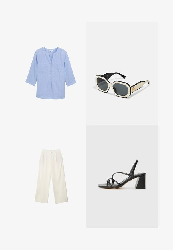 Light blue cotton shirt with three-quarter sleeves, V-neck, two front pockets, and subtle striped texture. Relaxed fit design.; Wide-leg trousers in cream fabric with a smooth texture, featuring a single front button, subtle pleats, and a high waist design.; Black heeled sandals with a square toe, featuring multiple thin straps and a geometric block heel. Smooth leather texture and minimal design.; Sunglasses with an octagonal white frame, black edges, and gray lenses. Gold logo detail on the side adds a distinctive accent.; White leather handbag with gold hardware, featuring a flap closure and a detachable, adjustable strap. Rounded metal accent in center.