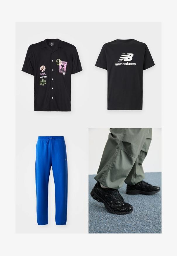 Maglietta nera a maniche corte con diverse stampe grafiche colorate, tra cui un design di timbro rosa e dettagli verdi, con chiusura a bottoni.; T-shirt in cotone nero con il logo bianco New Balance e un design grafico sul davanti. Maniche corte e collo a giro.; Pantaloni sportivi blu realizzati in tessuto morbido, con vita elasticizzata e cordino, gambe affusolate e un piccolo dettaglio del logo sul lato.; Sneaker atletici neri con texture lucida e in rete, dotati di una suola spessa e lacci, abbinati a pantaloni cargo larghi verde oliva.