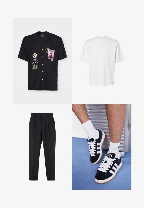 Krátky rukáv čiernej košele s rôznymi farebnými grafickými potlačami vrátane ružovej pečiatky a zelených akcentov, so zapínaním na gombíky.; Biele bavlnené tričko s krátkymi rukávmi, okrúhlym výstrihom a voľným strihom. Hladká textura bez viditeľných vzorov alebo akcentov.; Čierne nohavice s plisovaným predným dizajnom, vyrobené z hladkej látky. Majú zapínanie na gombík a pútka na opasok; rovný strih.; Čierne semišové tenisky s bielymi šnúrkami a tromi bielymi pruhmi. Obsahujú kruhové čierne logo na jazyku a gumovú podrážku.