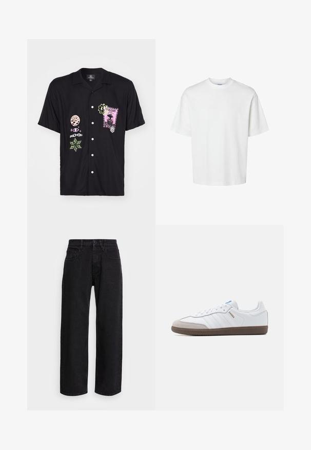 Lyhythihainen musta paita, jossa on monivärisiä grafiikkaprinttejä, mukaan lukien vaaleanpunainen leimauskuvio ja vihreät yksityiskohdat, jossa on nappisulku edessä.; Valkoinen puuvillapaita lyhyillä hihoilla, pyöreällä kaula-aukolta ja rentoa istuvuutta. Sujuva pinta ilman näkyviä kuvioita tai korostuksia.; Mustat denimit leveälahkeiset housut korkealla vyötäröllä, joissa on viisi taskua ja napitus. Kangas on sileä ja hieman joustava.; Valkoiset nahkakengät, joissa on harmaa mokkanokka, kolme vaakasuoraa valkoista raitaa, sininen yksityiskohta ja ruskea kumipohja. Pintakuvioitu yksityiskohta pohjassa.