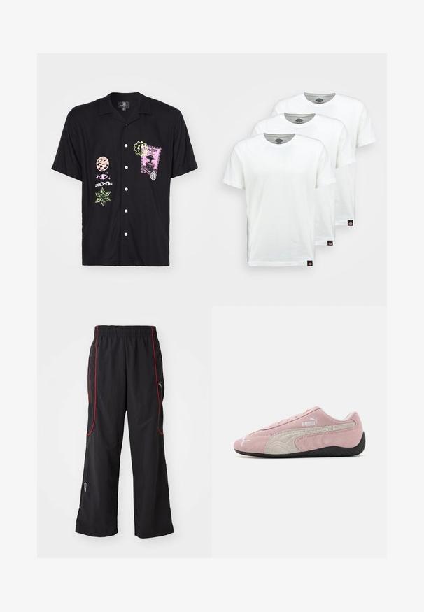 Krátký rukáv černé tričko s různobarevnými grafickými potisky, včetně růžového razítka a zelených akcentů, se zapínáním na knoflíky.; Tři jednoduché bílé bavlněné trička s krátkým rukávem. Každé tričko má kulatý výstřih a malou černou štítkovou nášivku na levé straně.; Černé sportovní kalhoty s elastickým pasem, červeným bočním lemem, kapsami na zip a volným střihem. Vyrobené z lehkého, strukturovaného materiálu.; Růžové semišové tenisky s šedými akcenty, zjednodušený design, texturovaný svršek a černá gumová podrážka. Na boku je logo Puma.