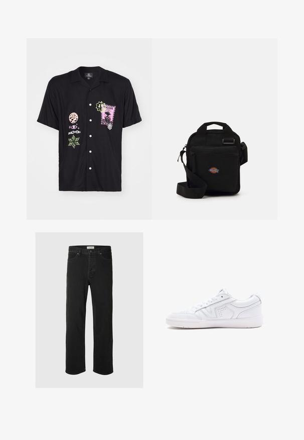Czarna koszula z krótkim rękawem z różnokolorowymi nadrukami graficznymi, w tym różowym wzorem stempelka i zielonymi akcentami, z zapięciem na guziki.; Czarne dżinsy straight-leg cechują się klasycznym pięciopocketowym wzorem, z zapięciem na guzik, minimalnym przeszyciem oraz miękką teksturą.; Białe skórzane sneakersy o niskim kroju, z okrągłym noskiem, perforowanymi detalami i teksturowaną podeszwą. Zawierają sznurowadła i subtelne akcenty ściegów.; Czarna torebka na ramię z zamkiem błyskawicznym, prostokątna, wykonana z tkaniny, z naszywką logo z przodu, z regulowanym paskiem na ramię.