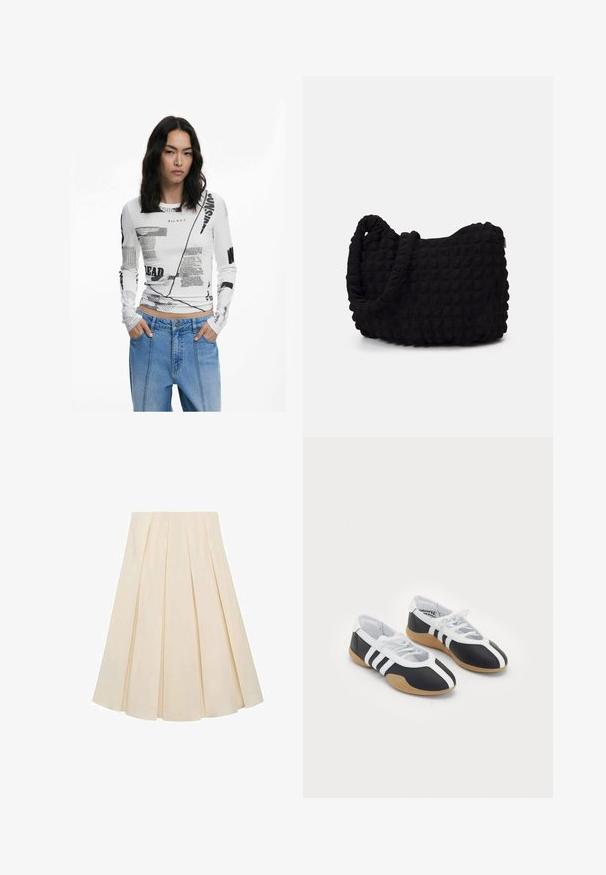 White long-sleeve top with black graphic text and abstract prints. Ribbed texture, crew neckline, and fitted design. Paired with denim jeans.; Pleated skirt in cream-colored fabric; features soft texture, mid-length design, and symmetrical pleats extending from the waistband to the hem.; Black and white athletic shoes with a sleek design, rubber sole, lace-up closure, and three white stripes on the sides.; Black fabric bag with a textured, quilted pattern. Rounded shape, short, thick handles, and a soft, flexible structure.