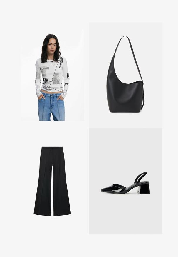 Witte lange mouwen top met zwarte grafische tekst en abstracte prints. Geribbelde textuur, ronde halslijn en aansluitend ontwerp. Gecombineerd met denim jeans.; Zwarte wijde-pijpen broek met een gladde textuur, gekenmerkt door voorplooien en een op maat gemaakte uitstraling. De stof is lichtgewicht en vloeiend.; Zwarte gepatineerde leren slingback hakken met een spitse neus en een geometrische blokhak. Kenmerkt zich door een slank, minimalistisch ontwerp en een gladde textuur.; Zwarte leren hobo tas met een gladde textuur, kromme vorm en een enkele verstelbare schouderband; heeft een brede opening aan de bovenkant.
