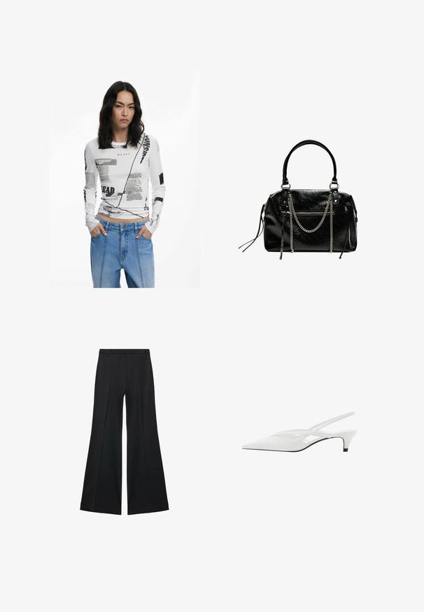 Weißes Langarmshirt mit schwarzem Grafiktext und abstrakten Drucken. Gerippte Textur, Rundhalsausschnitt und taillierte Passform. Kombiniert mit Jeans.; Schwarze weit geschnittene Hose mit glatter Textur, ausgestattet mit Frontfalten und einem taillierten Design. Der Stoff ist leicht und fließend.; Weißer Slingback-Absatzschuh mit spitzer Zehenpartie, featuring ein glattes Obermaterial, subtile Ausschnitte und einen niedrigen Blockabsatz. Die schwarze Sohle betont das Design.; Bershka WITH CHAIN - Handtasche - black