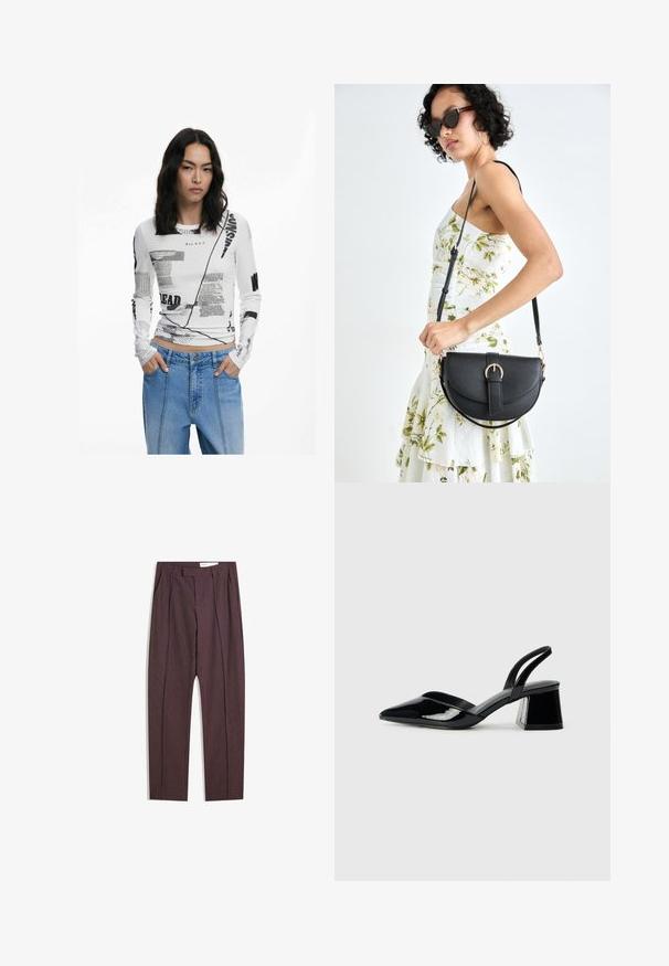Weißes Langarmshirt mit schwarzem Grafiktext und abstrakten Drucken. Gerippte Textur, Rundhalsausschnitt und taillierte Passform. Kombiniert mit Jeans.; Lila gestreifte Hose mit Falten, hoher Taille und geradem Bein. Hergestellt aus einem glatten, strukturierten Stoff.; Schwarze Lackleder-Slingback-High Heels mit spitzem Schuh und einem geometrischen Blockabsatz. Verfügt über ein schlankes, minimalistisches Design und eine glatte Textur.; Schwarze Lederhandtasche mit geschwungener Form, abnehmbarem Tragegurt und goldenen Beschlägen. Die Tasche verfügt über einen Deckel mit einer Schnallen-Details.
