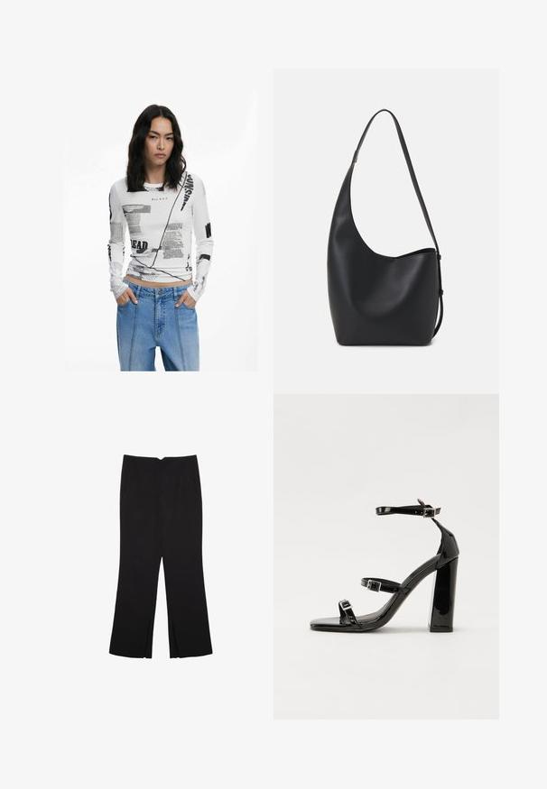 Weißes Langarmshirt mit schwarzem Grafiktext und abstrakten Drucken. Gerippte Textur, Rundhalsausschnitt und taillierte Passform. Kombiniert mit Jeans.; Schwarze Hose mit geradem Schnitt, ausgestattet mit Fronttaschen und Seitenschlitzen am Saum. Hergestellt aus weichem, glattem Stoff. Geeignet für verschiedene Anlässe.; Schwarze patentierte Sandalen mit Absatz, quadratischer Spitze, Knöchelriemen und silbernen Schnallen. Mit einem stabilen Blockabsatz für mehr Stabilität.; Schwarze Leder-Hobo-Tasche mit einer glatten Textur, geschwungener Form und einem einzelnen verstellbaren Tragegurt; verfügt über eine weite Öffnung am oberen Ende.