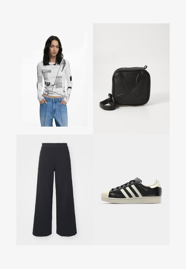 Biała bluzka z długim rękawem z czarnym tekstem graficznym i abstrakcyjnymi wzorami. Prążkowana faktura, okrągły dekolt i dopasowany fason. Połączona z dżinsami.; Czarne szerokie spodnie dresowe wykonane z miękkiego materiału, z elastycznym paskiem w talii oraz małym logo po lewej stronie.; Czarne skórzane trampki z białymi paskami, gumowym czubkiem, czarnymi sznurówkami i kremową podeszwą. Gładka faktura z połyskującym wykończeniem.; Czarna torba na ramię wykonana z teksturowanego materiału syntetycznego. Posiada wytłoczone logo oraz regulowany pasek. Zamek błyskawiczny.