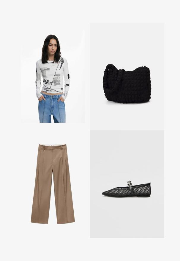 Maglia bianca a maniche lunghe con testo grafico nero e stampe astratte. Tessuto a costine, scollo rotondo e design aderente. Abbinata a jeans denim.; Pantaloni a gamba larga e vita alta in un caldo tono marrone, con pieghe frontali e una finitura pulita, progettati per un fit elegante e confortevole.; Scarpa piatta nera in rete con punta appuntita, cinturino decorativo e dettaglio con fibbia. Parte superiore testurizzata e suola nera liscia.; Borsa in tessuto nero con un motivo trapuntato e texture. Forma arrotondata, manici corti e spessi, e una struttura morbida e flessibile.