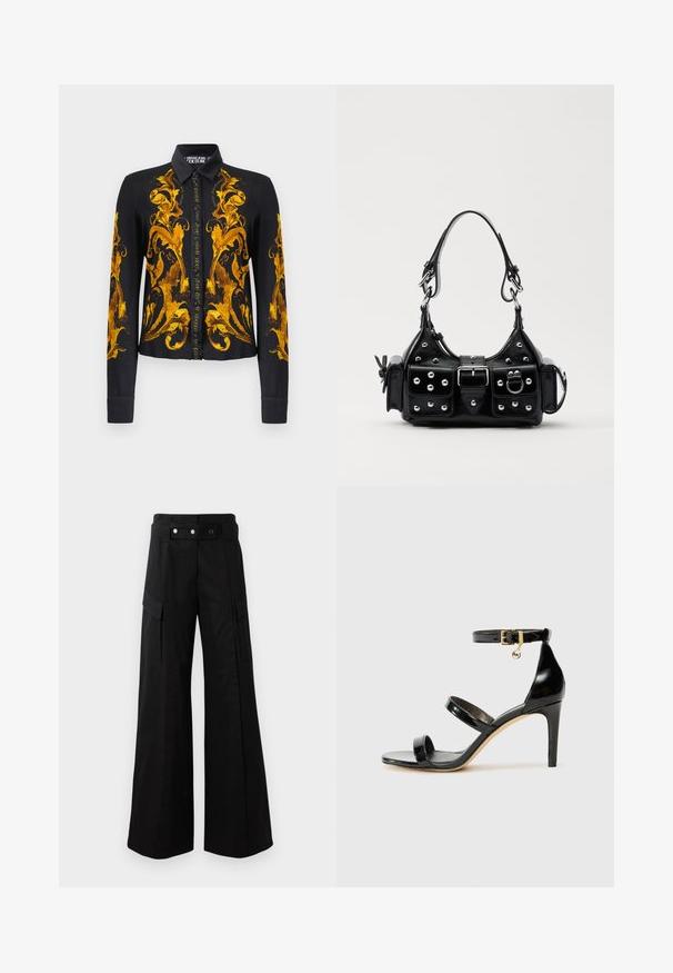 Fekete, hosszú ujjú, gombos ing, amelynek elején, ujján és gallérján díszes arany barokk virágminták találhatók, Versace Jeans Couture címkével.; Fekete, bő szárú nadrág magas derékkal, nagyméretű oldalsó zsebekkel, két elülső gombbal és hurok részlettel. Tartós anyagból készült.; Fekete lakk bőr szandál három pánttal, bokapánttal és 10 cm magasságú tűsarokkal. Arany színű részletekkel és logó charm-mal rendelkezik.; Fekete bőr kézitáska ívelt designnal, ezüst szegecsekkel, csattal és két oldalsó zsebbel. Állítható vállpánt a hordozási lehetőségekhez.