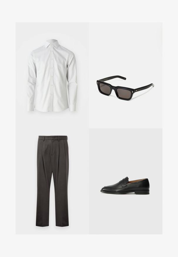 Balta ilga rankovė, mygtukų užsegimo marškiniai, pagaminti iš lygios medvilnės, su klasikine apykakle ir septyniais priekinių mygtukų užsegimais. Minimalistinis dizainas.; Tamsiai pilki kelnės, pagamintos iš tekstūruoto audinio, su plokščiu priekiniu pjūviu, klostėmis, tiesiomis kojomis ir diržo kilputėmis. Matomų metalinių detalių ar raštų nėra.; Juodas odinis loaferis su apvaliu nosiu, subtiliomis siuvimo detalėmis ir žemu kulnu, pasižymintis lygia tekstūra ir minimalistiniu dizainu.; Juodos stačiakampės akinių nuo saulės su tamsiais objektyvais, storu plastiko rėmu, auksinėmis detalėmis ant šventyklų ir prekės ženklo logotipu išgraviruotu ant šono.
