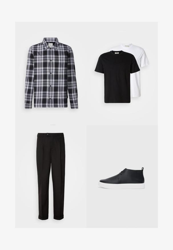 Melna un balta šaha raksta krekliņš ar garām piedurknēm, pogājamā priekšpuse un standarta apkakle. Mīksta auduma ar gludu tekstūru.; Divas vienkāršas kokvilnas T-kreklus, viens melns novietots priekšā baltam, abiem īsām piedurknēm un apaļām izgriezēm.; Melnas bikses ar gludu tekstūru, diviem priekšējiem kabatām, taisnas griezuma un ar vienu pogu vidukļa daļā.; Melnas ādas augstas tenisa kurpes ar gludu apdari, baltu gumijas zoli un vienkāršu šņorēšanas dizainu. Aizmugurē ir vilkšanas cilpa.