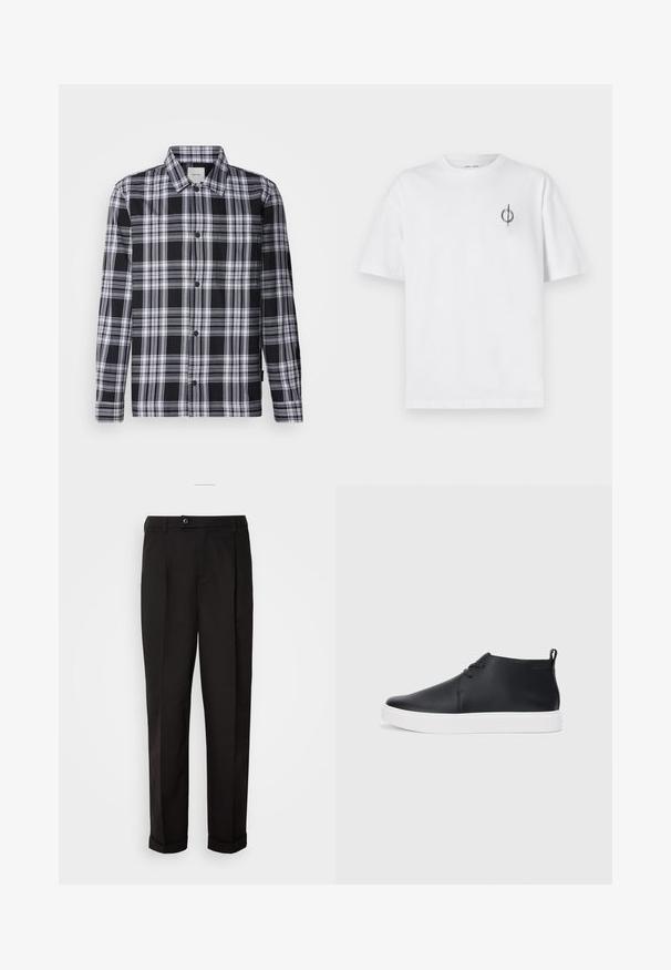 Fekete-fehér kockás ing hosszú ujjal, gombos elülső rész és normál gallér. Puha anyag sima textúrával.; Fehér pamut póló laza szabással, kis fekete grafikai logóval a bal mellen. Rövid ujjak, kerek nyakkivágás.; Fekete nadrág sima textúrával, egyenes szabással, két elülső zsebbel és egy gombbal zárható derékkal.; Fekete bőr magas szárú sneakers, sima felülettel, fehér gumi talppal és egyszerű, fűzős dizájnnal. Hátul húzófül található.