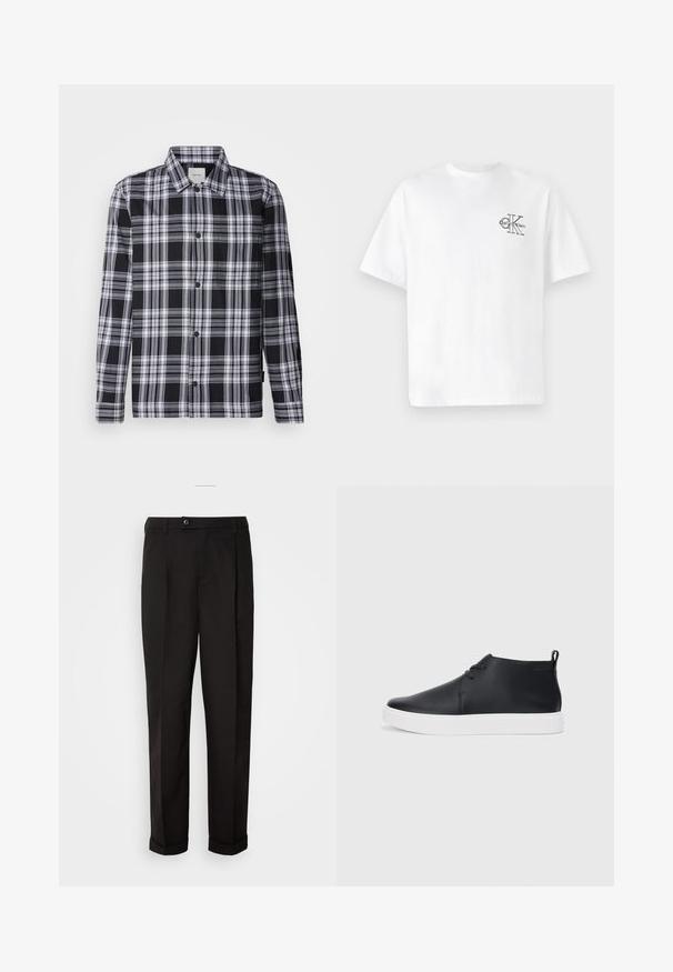 Sort og hvid ternet skjorte med lange ærmer, knaplukning foran og standardkrave. Blødt stof med en glat tekstur.; Hvid bomulds t-shirt med korte ærmer, rund hals, med et sort CK-logo på venstre brystområde, standard pasform, glat tekstur.; Sorte bukser med en glat tekstur, som har lige snit, to forlommer og en enkelt knaplukning i taljen.; Sorte læder højtop sneakers med en glat finish, hvid gummisål og simpel snørebåndsdesign. Har en pull tab bagpå.